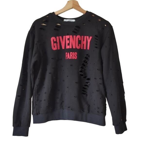 Givenchy Sweatshirt Womens Medium Black Red Logo Distressed Destroyed Grunge - Picture 1 of 9